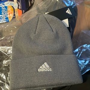 Gray Adidas beanie hat with white Adidas logo